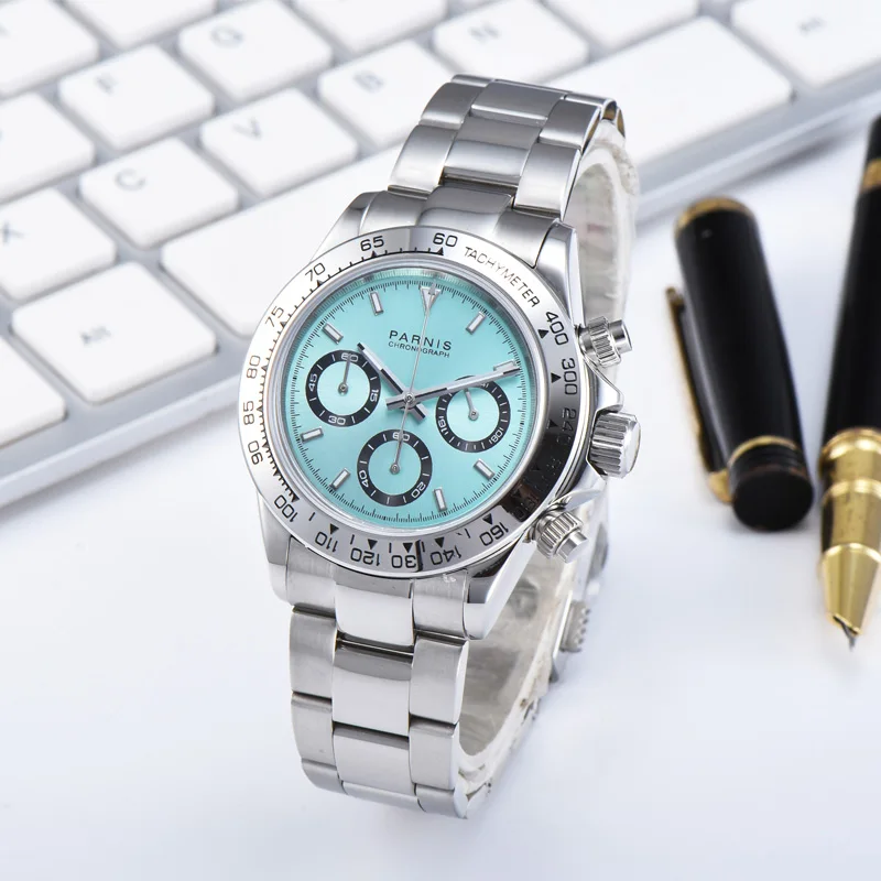 New Luxury Parnis 39mm Silver Case Quartz Chronograph Men Watch Sapphire Crystal 316L Stainless Steel Watch For Men reloj hombre