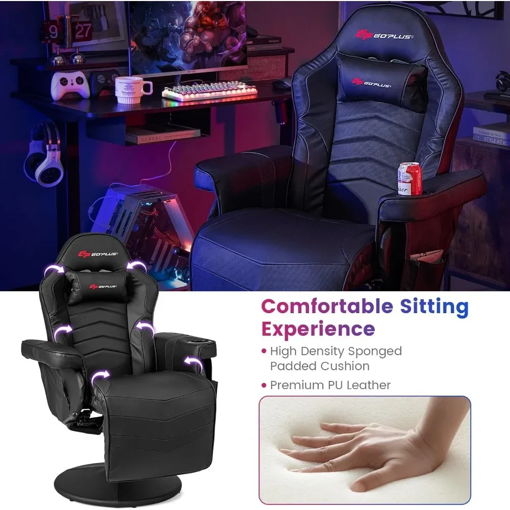 Cadeira de videogame de massagem com altura ajustável com apoio para os pés retrátil, suporte de copo, encosto de cabeça, cadeira de escritório giratória