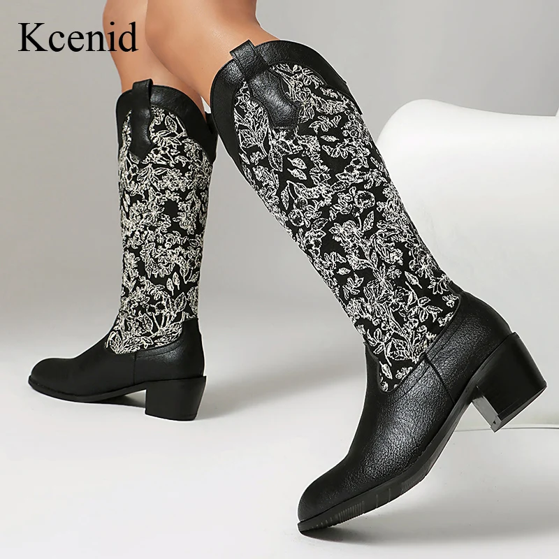 

Kcenid/осенне-зимние сапоги, модные женские сапоги без шнуровки на толстом каблуке, женские сапоги до колена с принтом в этническом стиле, размер 45-46