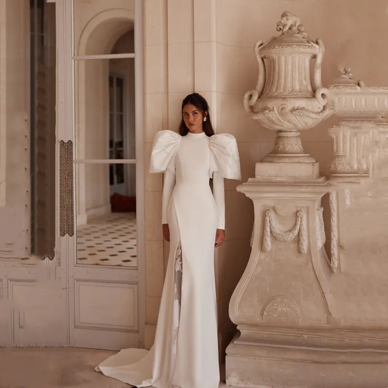 

Modern Sheath Ivory Wedding Dress Simple Long Puff Sleeves High Neck Sexy High Side Slit with Lace Court Train 2025 Customized
