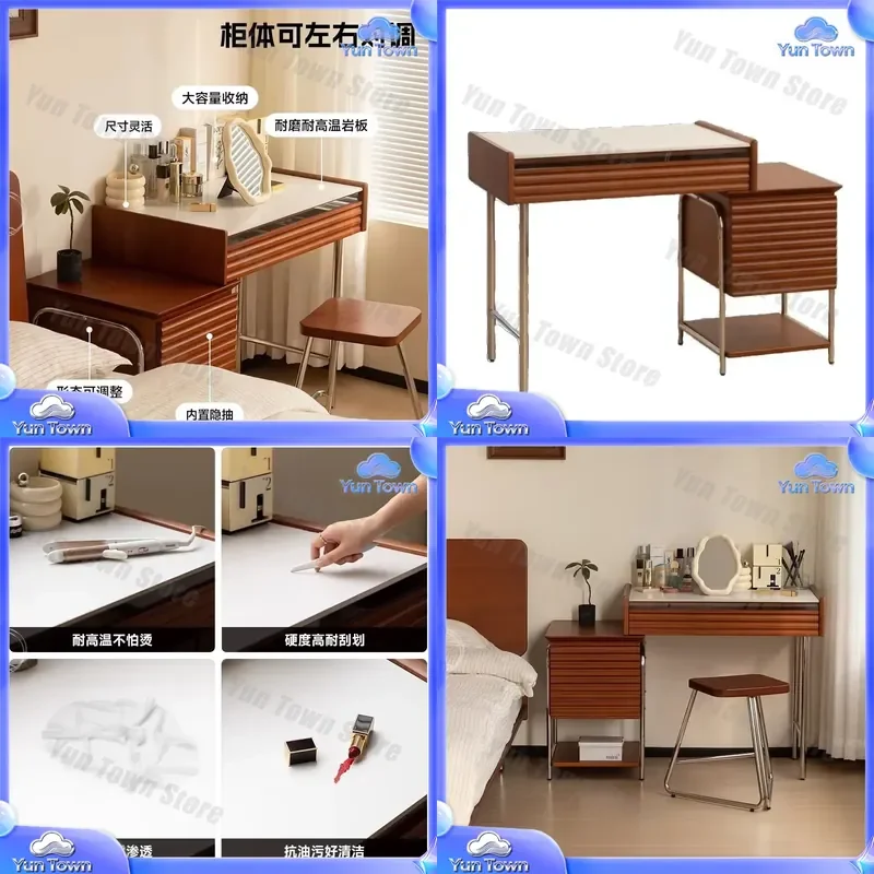 Retro Solid Wood Makeup Table with Mirror for Small Apartment Bedroom Storage Desk Light Luxury Book Desktop Organizer