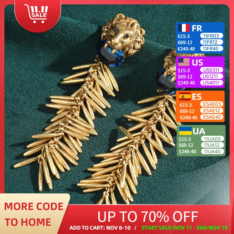 

Vintage Jewelry Lion Tassel Drop Earrings Blue Glass Gold Color Antique Large Long For Woman Party Halloween Accessories