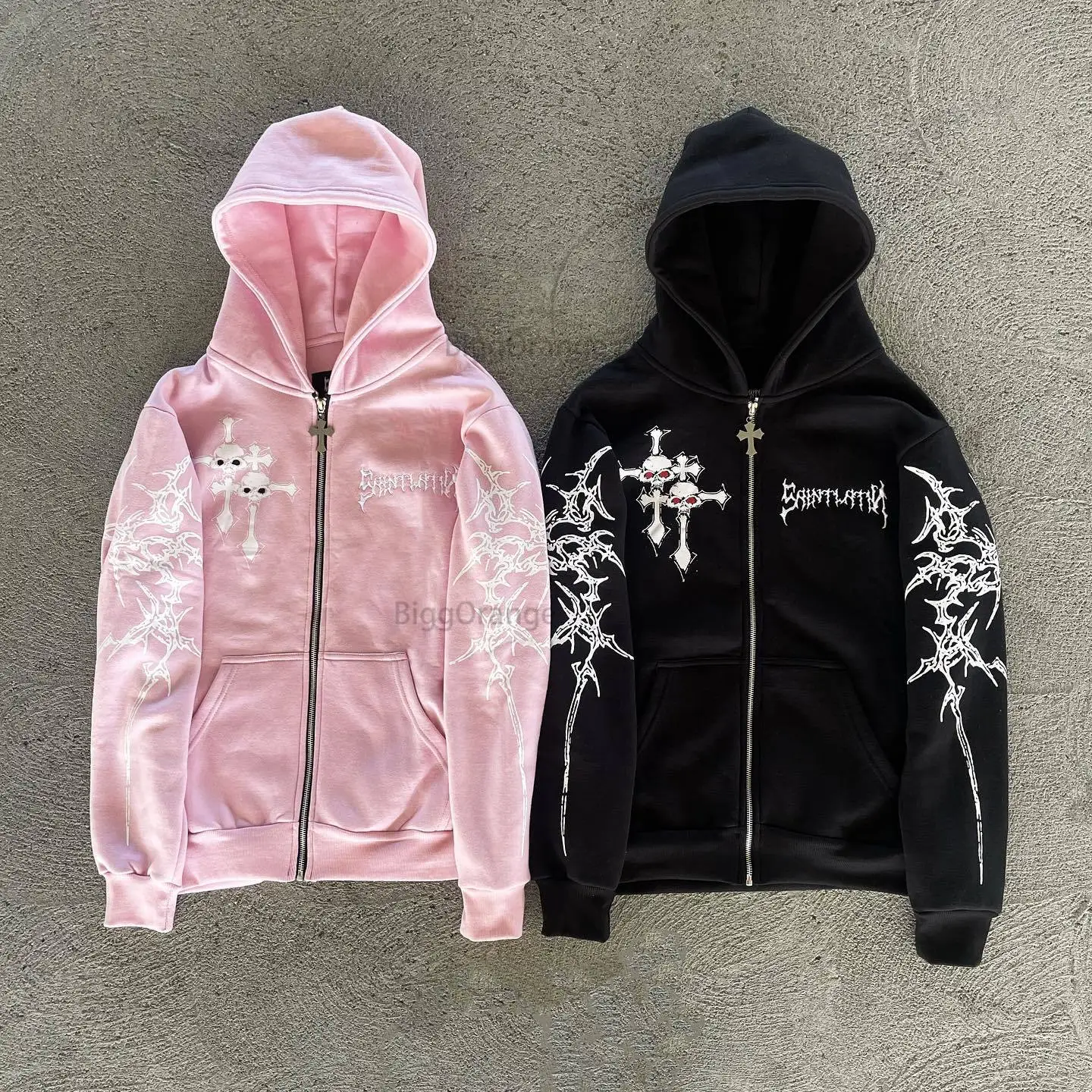 New Pure Cotton Skull Skeleton Cross Ruby Printed Hoodie Zipper Loose Gothic Loose Hoodie Men's and Women's Autumn/Winter Coat