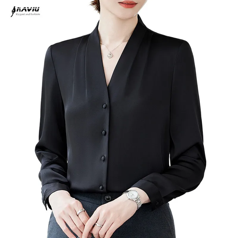 NAVIU New Shirts Women Long Sleeve Chiffon Blouses Office Outfit Elegant OL Work Wear Tops Black White Blusas Para Mujer Apricot