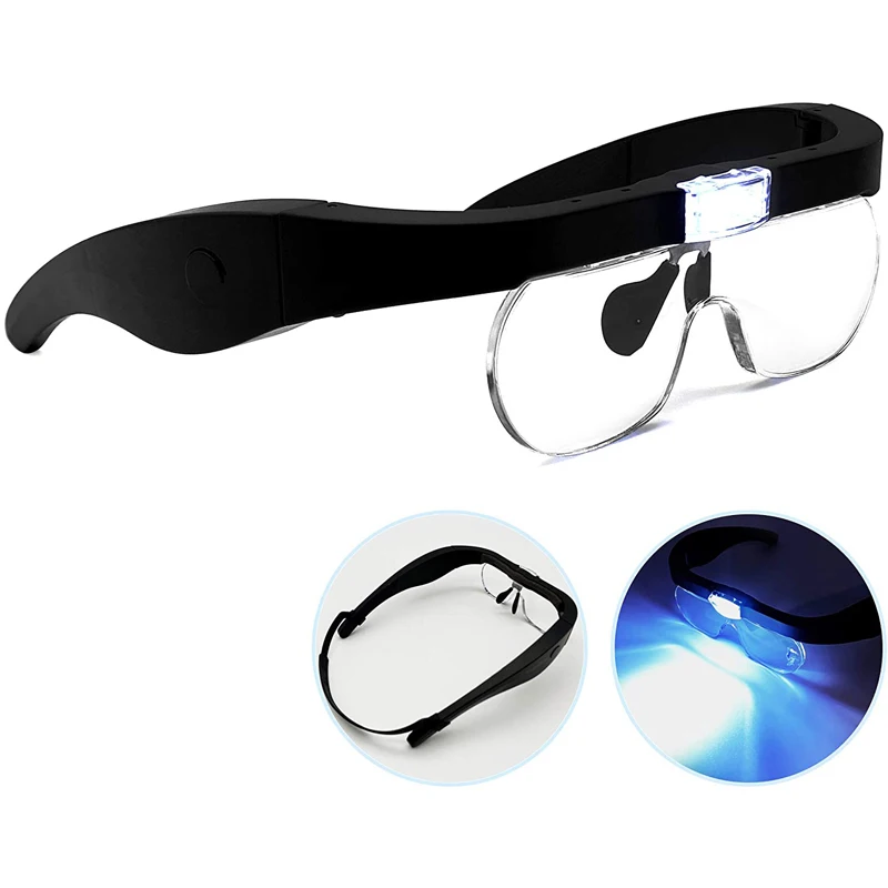 Lupa de cabeza recargable, gafas con luces LED y lentes desmontables, 1,5x, 2,5x, 3,5x, 5X