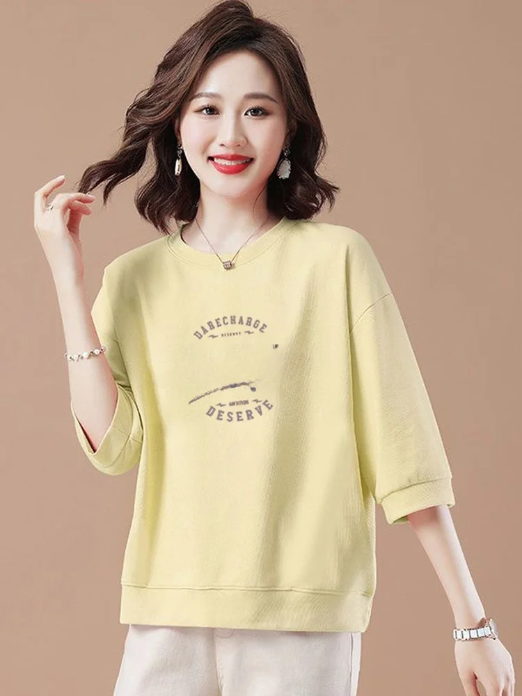 Macaroon Color Three-Quarter Sleeve Pure Cotton Casual Women's Base Shirt Spring Season Fashion Artistic Versatile round Neck