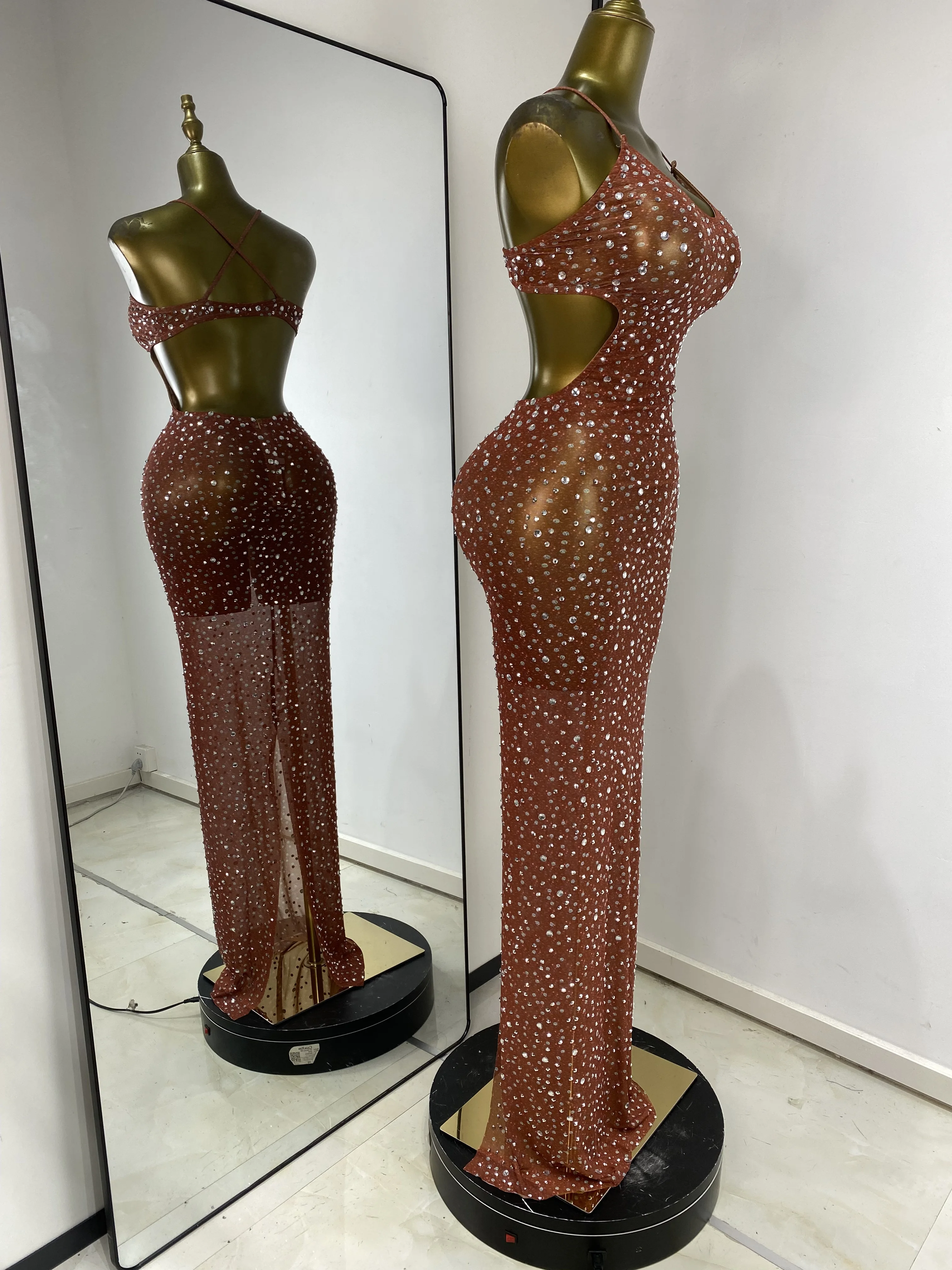 Women Luxury Brown Printed Rhinestones Cut Out See Through Maxi Long Dress Sexy Birthday Celebrity Evening Club Party Dresses