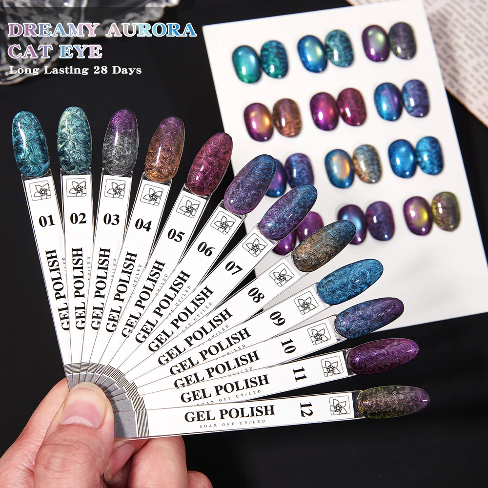 Vendeeni 12 Farben/Set Fantasy Aurora Glitter Cat Eye Gel Nagellack UV LED Perle Shell Magnetische Nagellack mit Farbkarte