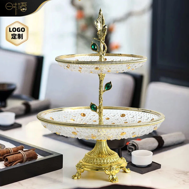 Double-layer fruit plate binaural glass European snack candy plate ornament hotel home creative high-end craftsmanship