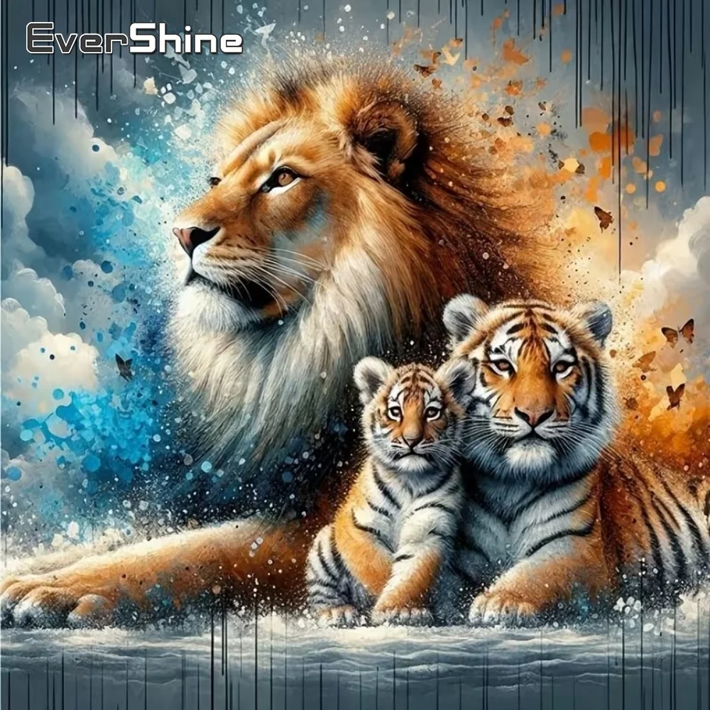 EverShine Vollquadratische runde Diamant-Stickerei, Löwe, DIY-Gemälde, Tiger, Tier, geeignet für Anfänger, Diamant-Mosaik, einzigartiges Geschenk