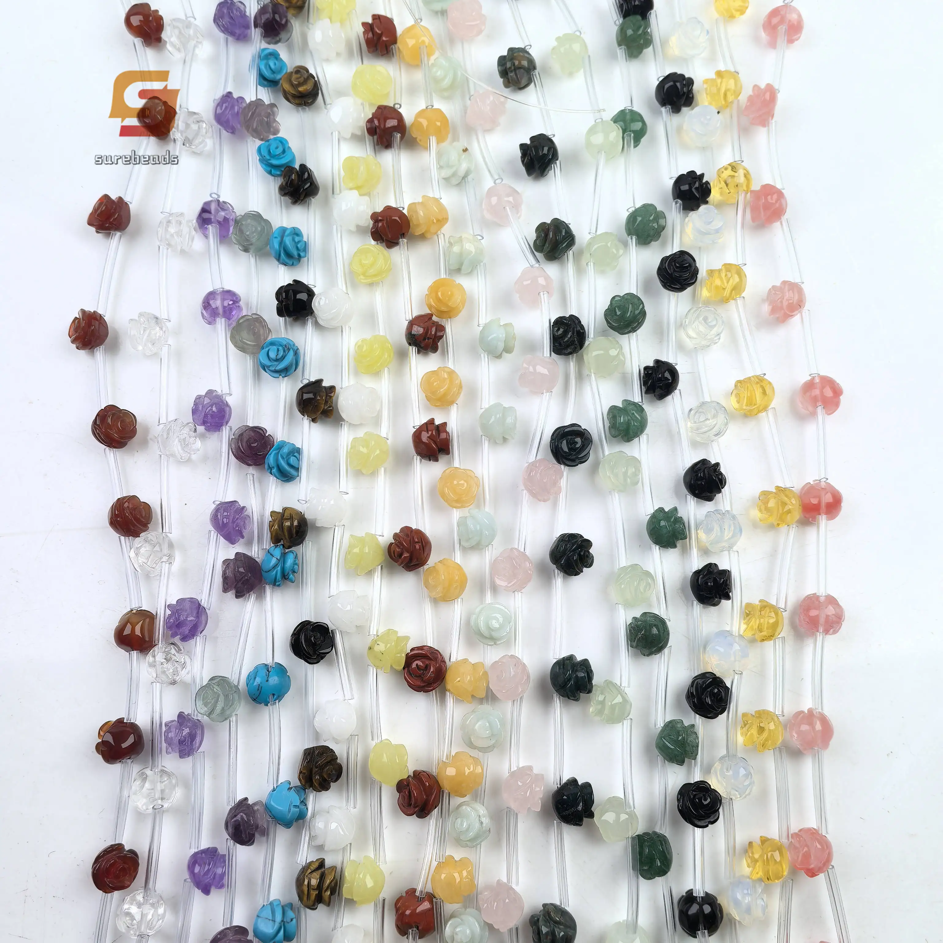 15pcs/strand 10mm Ntaural Stone Rose Flower Beads,Carved Crystal Quartz Amazonite DIY Pendant Bracelet Necklace Jewelry Making