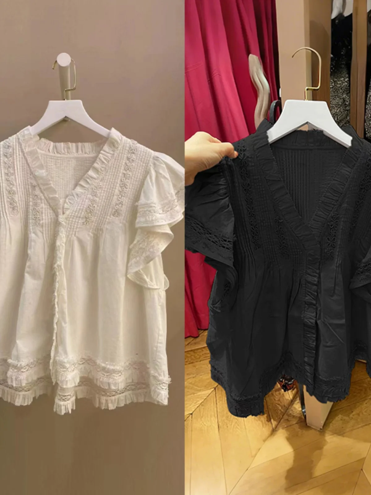 

Spring Summer New Sweet Youthful Gored Skirt Sve Top Lace V-ne Floral Print Cotton Loose Fit ort Sve irt