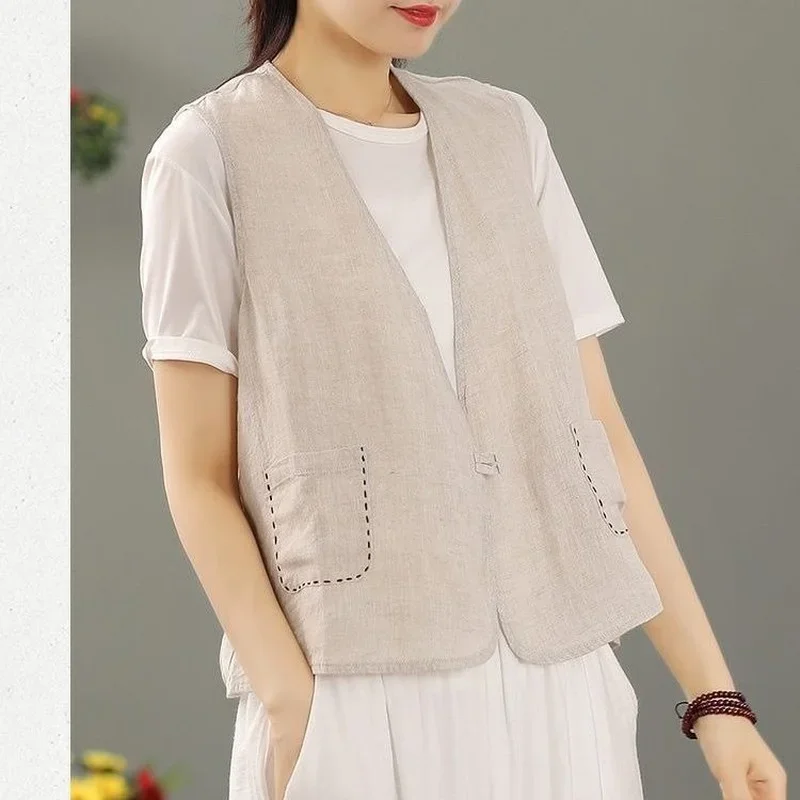 Women Spring Autumn Vest Pure Cotton Sleeveless Jacket Linen Cardigan Fashion Korean Retro Short Designer Grace Jacket Plus Size