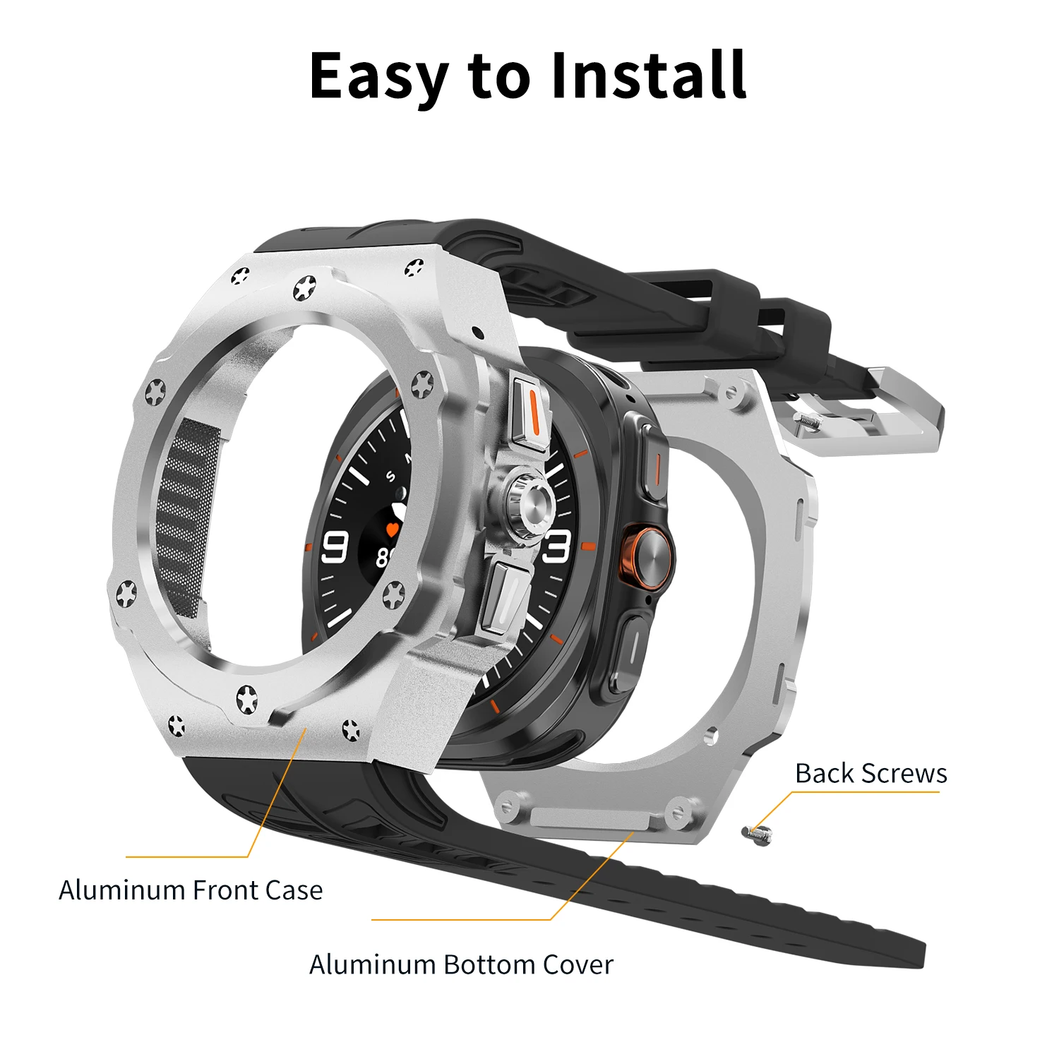 Luxury Metal Modification Kit for Samsung Galaxy Watch Ultra 47mm Carbon Case Rubber Strap Galaxy Watch 7 Ultra DIY Accessorie