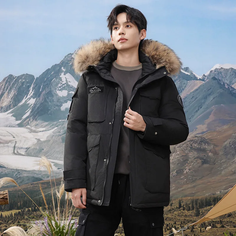 Down jacket men's and women's winter new workwear big fur collar men's hooded assault jacket outdoor loose style overcome