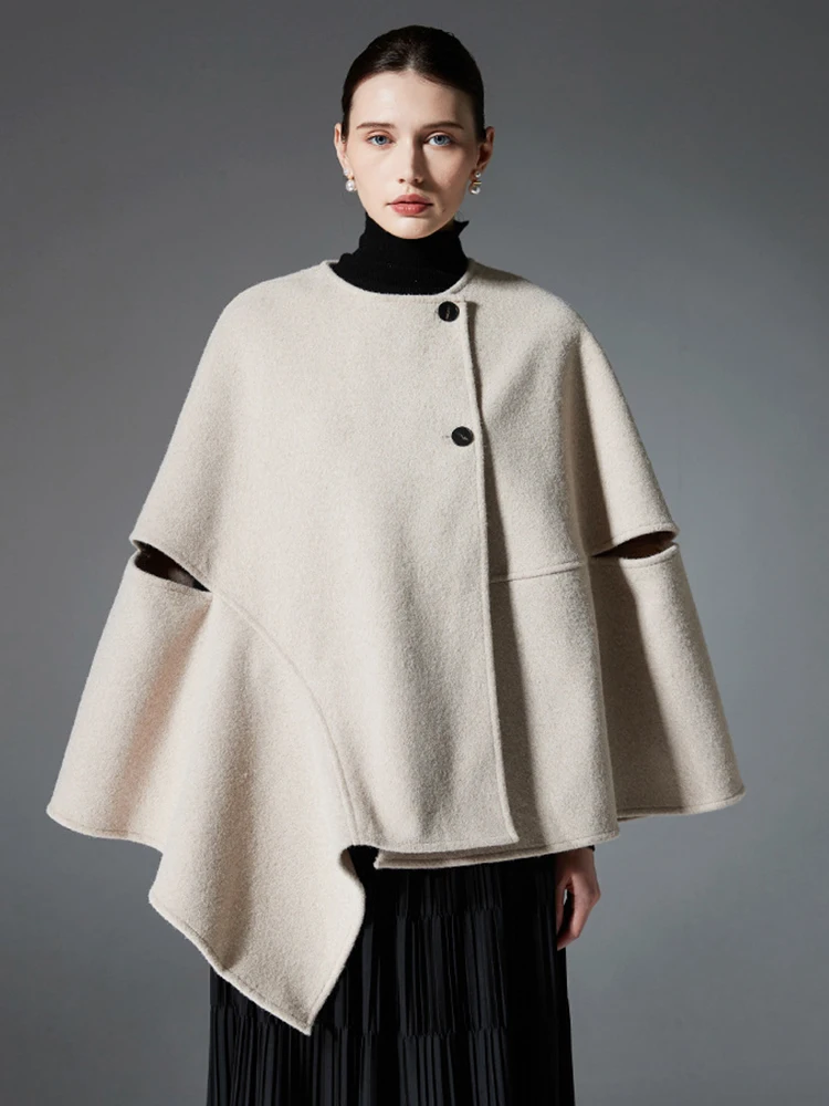 

Autumn Winter Women Lady Layers Poncho Elegant Asymmetrical Single Breasted Wrap Shawl Capa Para Loose Cloak Coat Fashion Formal