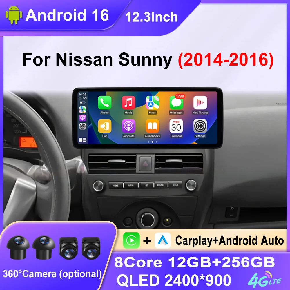 

12,3-дюймовый мультимедийный проигрыватель для Nissan Sunny 2014-2016, GPS-навигация, CarPlay, Android 16, BT 4G, сенсорный экран, головное устройство