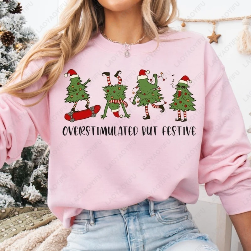 سويت شيرت كبير الحجم مطبوع عليه شجرة عيد الميلاد الاحتفالية للجنسين، مضحك ميمي ريترو كاجوال هودي شتوي بتصميم بسيط ورقبة دائرية #5