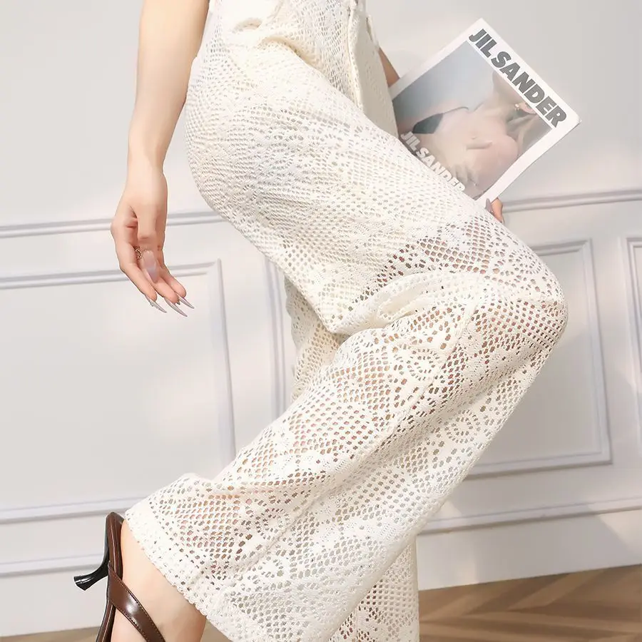 

French niche design hollow lace straight-leg pants 2025 new fashionable foreign-style hook-up versatile and thin pants