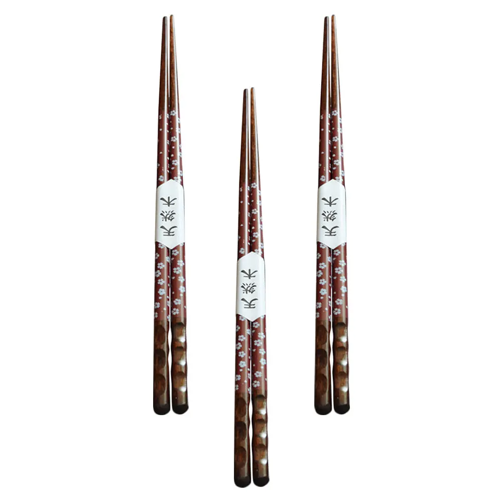 

3pcs Pointed Wooden Chopsticks 3 Pairs Sturdy Reusable Portable Home Anti-scalding Cherry Pattern Long Life Safe Environmental