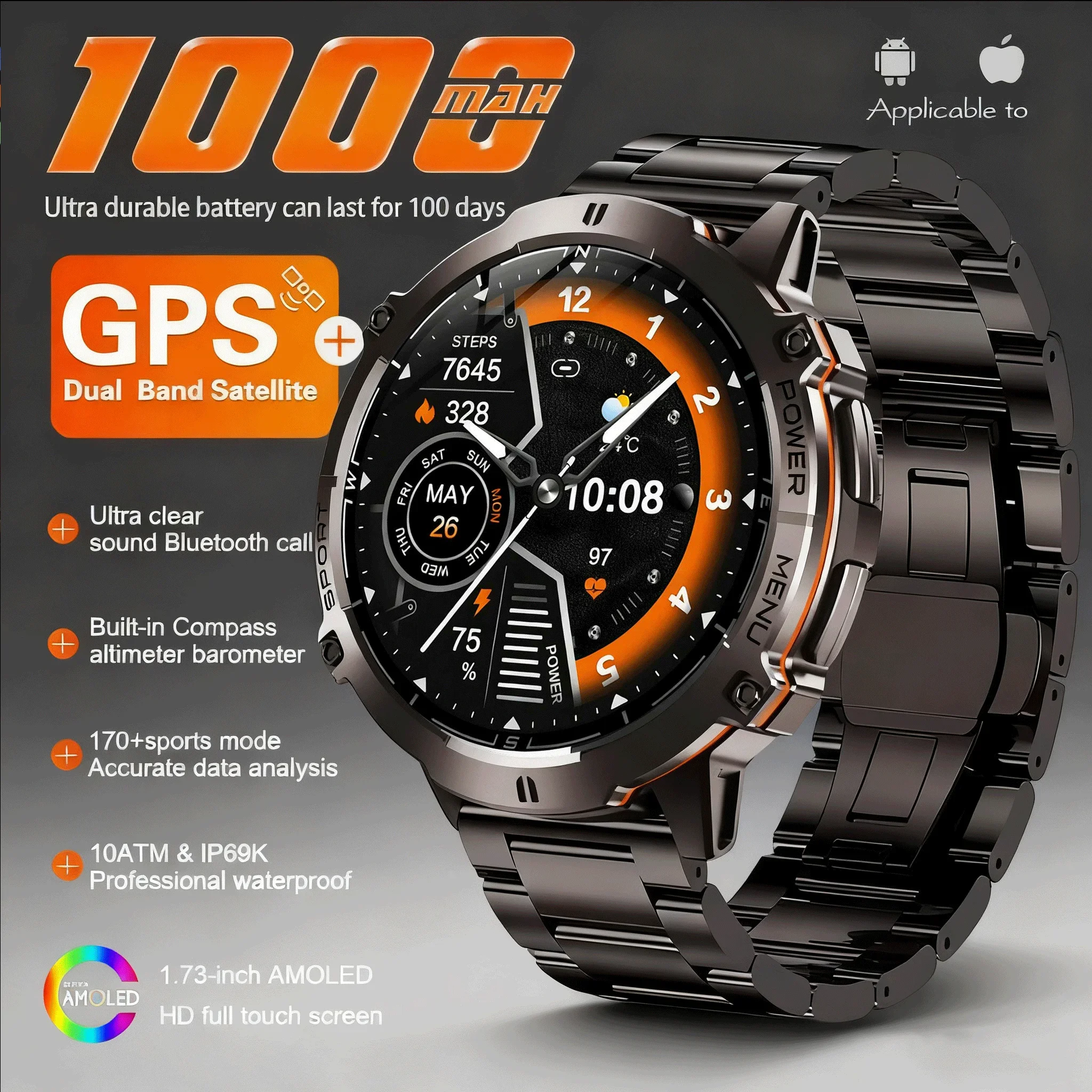 

2025 New TANK X3 Smartwatch Man 1.73" AMOLED Screen 5ATM Waterproof Watches 1000mAh Battery GPS Sports Fitness Track Smart Watch