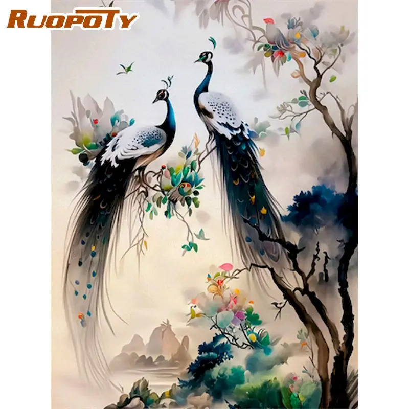 RUOPOTY Oil Painting By Number Traditional Peacock Picture Acrylic Paints Painting By Number Animal Painting Artwork