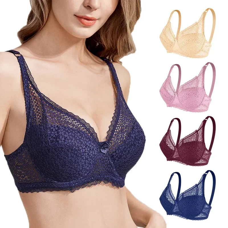 Underwear Adjustment Type Thin Large Chest Show Small  Gathered Women\'s Large Lace Steel Band Bra