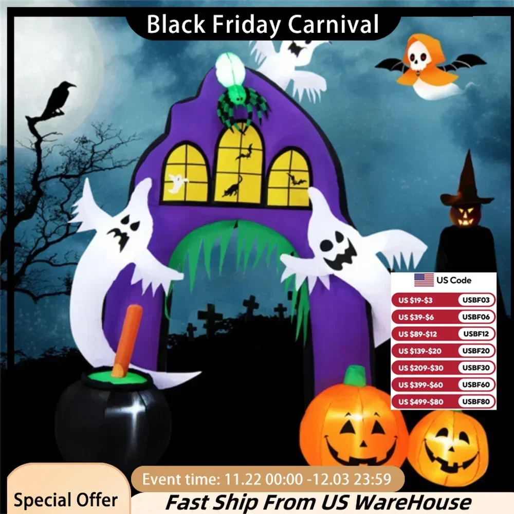 9 FT Tall Halloween Inflatable Castle Archway, Blow-up Walkway W/Spider, Ghosts, Pumpkins, Cauldron, Treat Decoration