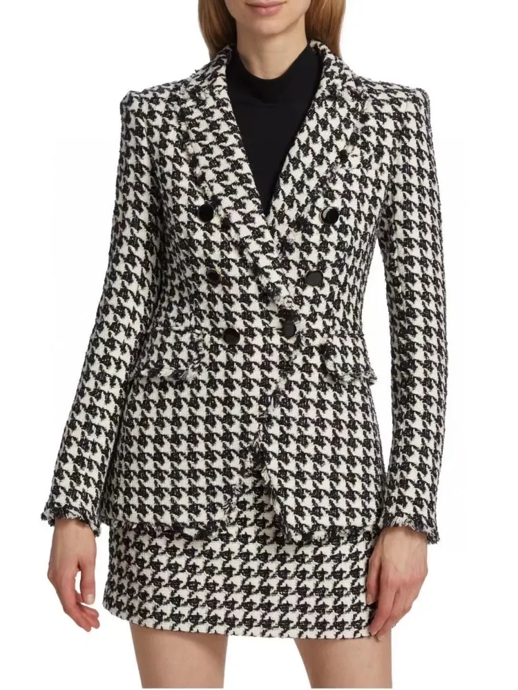 

2024 New Spring High Quality Cotton Houndstooth Tassels Long Sleeve Woman Blazer