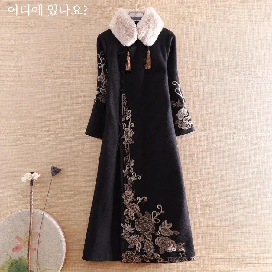2023 chinese style improved qipao woolen dress autumn winter new improved women cheongsam dress daily floral hanfu dress