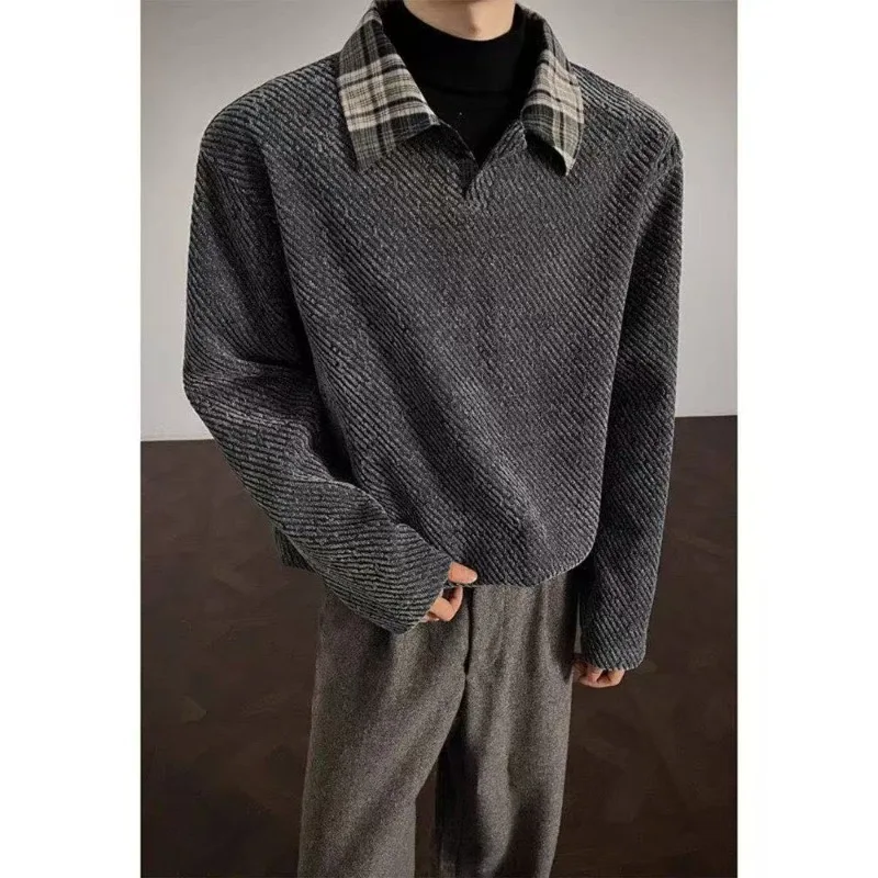 Men's Old Money Style Fake Two Piece Plaid Collar Chenille Sweatshirt Autumn Winter Fleece Long Sleeve Retro Pullover