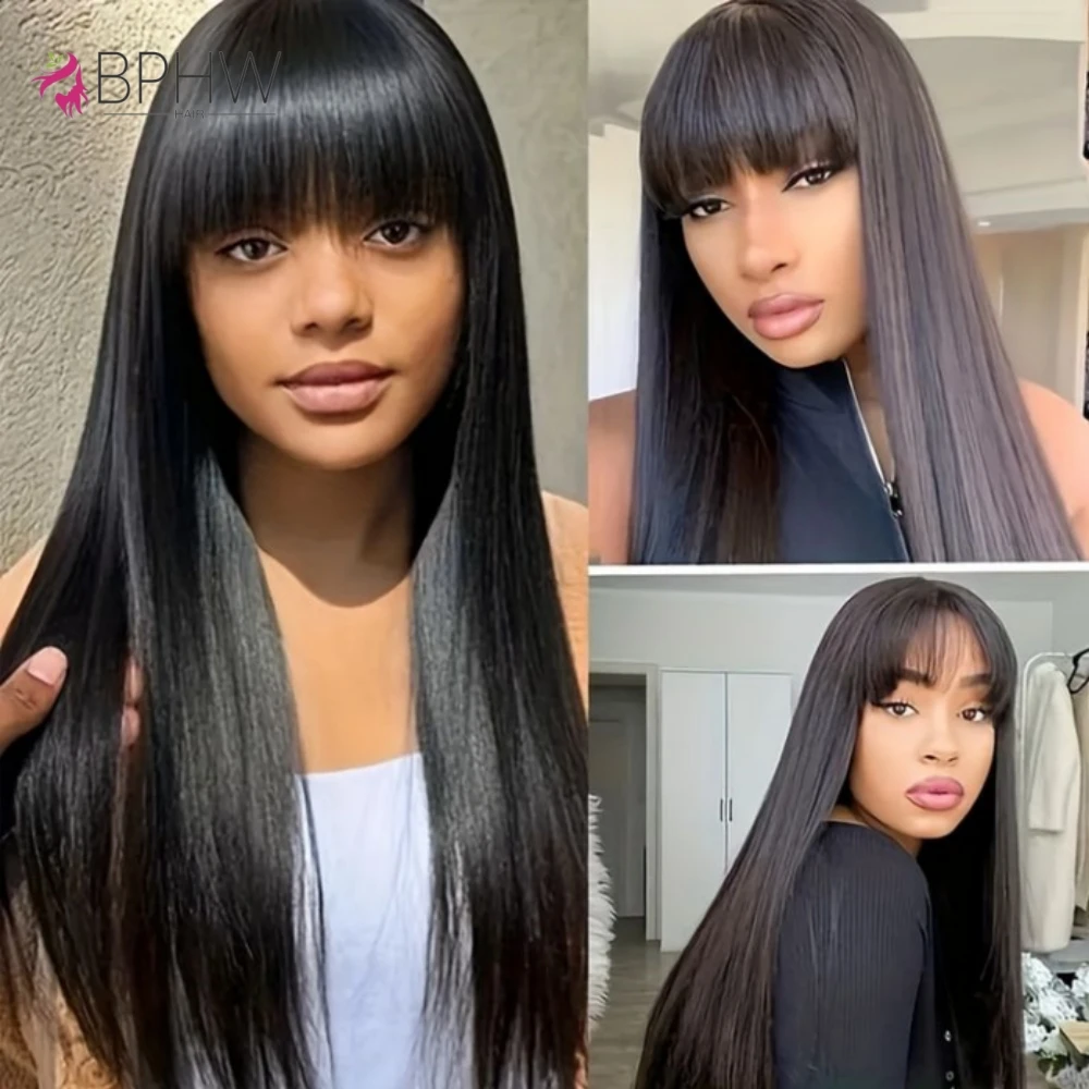Straight Human Hair Wigs with Bangs Full Machine Made Wig 180% Density Brazilian Bangs Wigs For Women Natural Black Wigs BPHW
