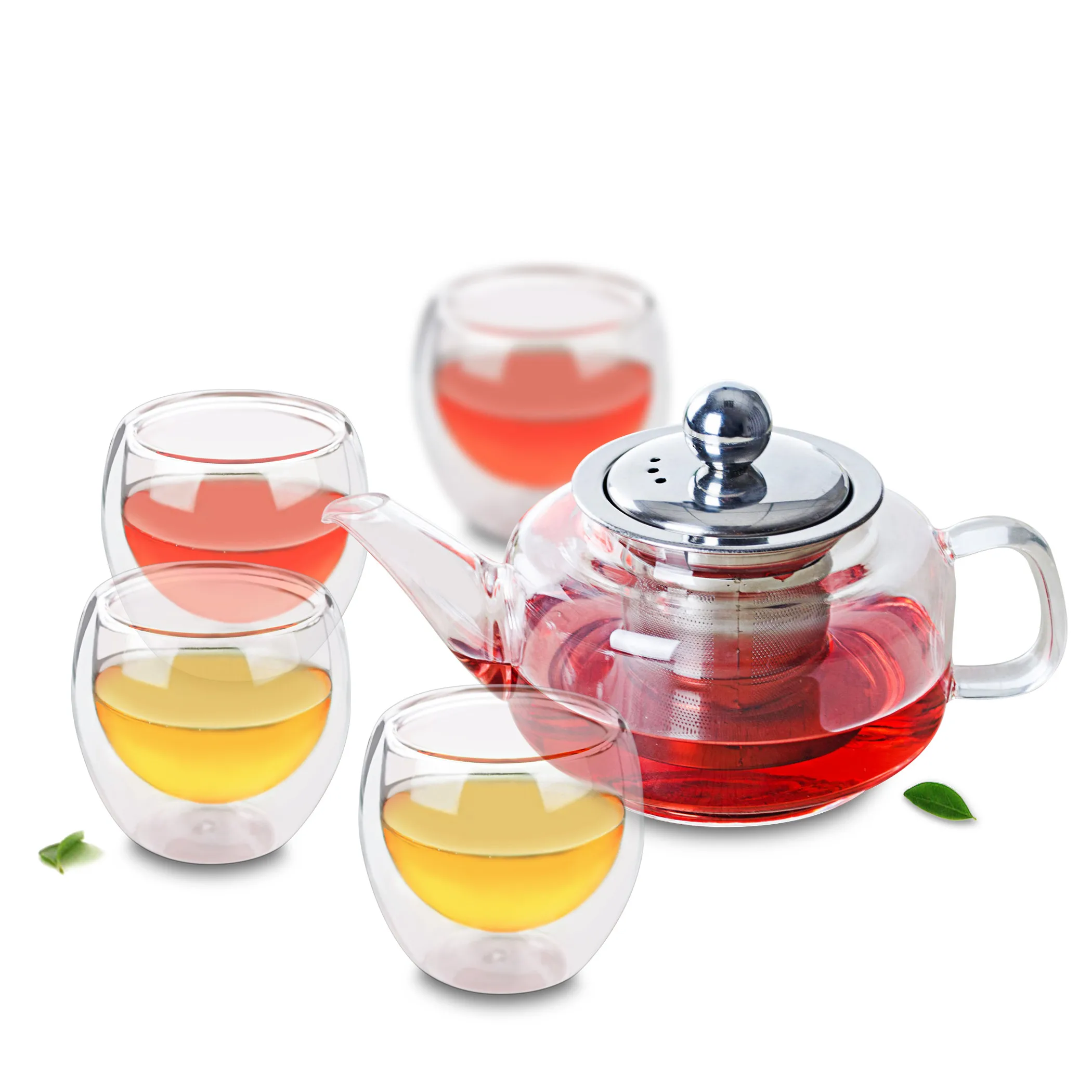 

1x Tea Set -430ml Heat Resistant Glass QX Teapot with Stainless steel Infuser & Lid+4x 80ml Double Wall Cups