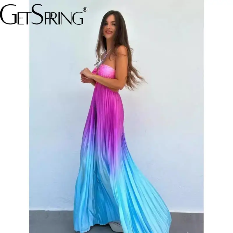 GetSpring Women Dress 2025 Spring Summer Fashion Gradual Halter Sleeveless Hollow Out Backless Sexy Long Beach Pleated Dresses