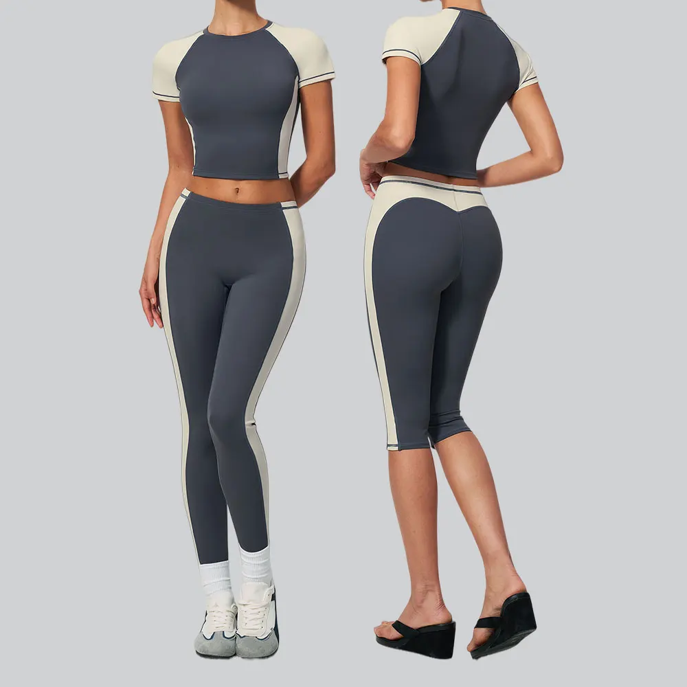 2PCS Shorts Yoga Set Sports Suit Women's Tracksuits Running Workout Clothes High Waist Capri Pants Fitness Short Sleeved Gym Set