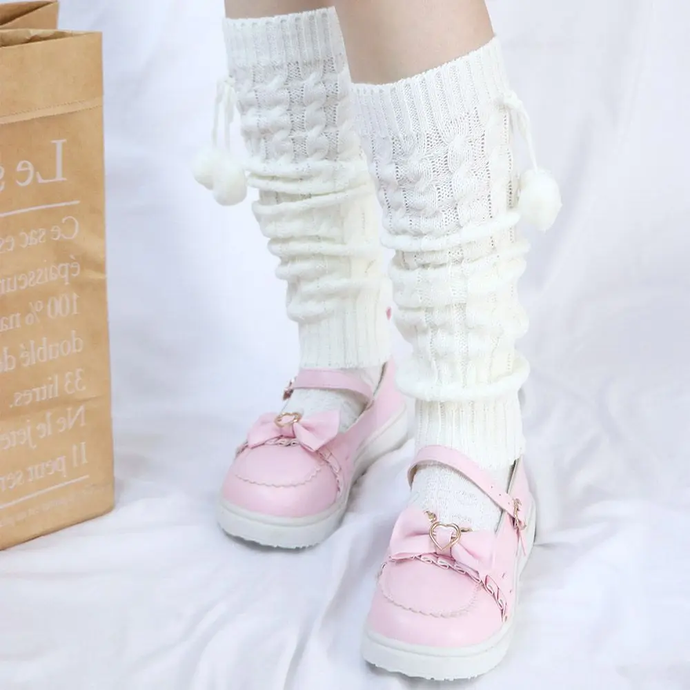 

Sweet Japanese Autumn Wool Ball Lolita Women Leg Warm Socks Knee Cover Leg Warmers Foot Cover