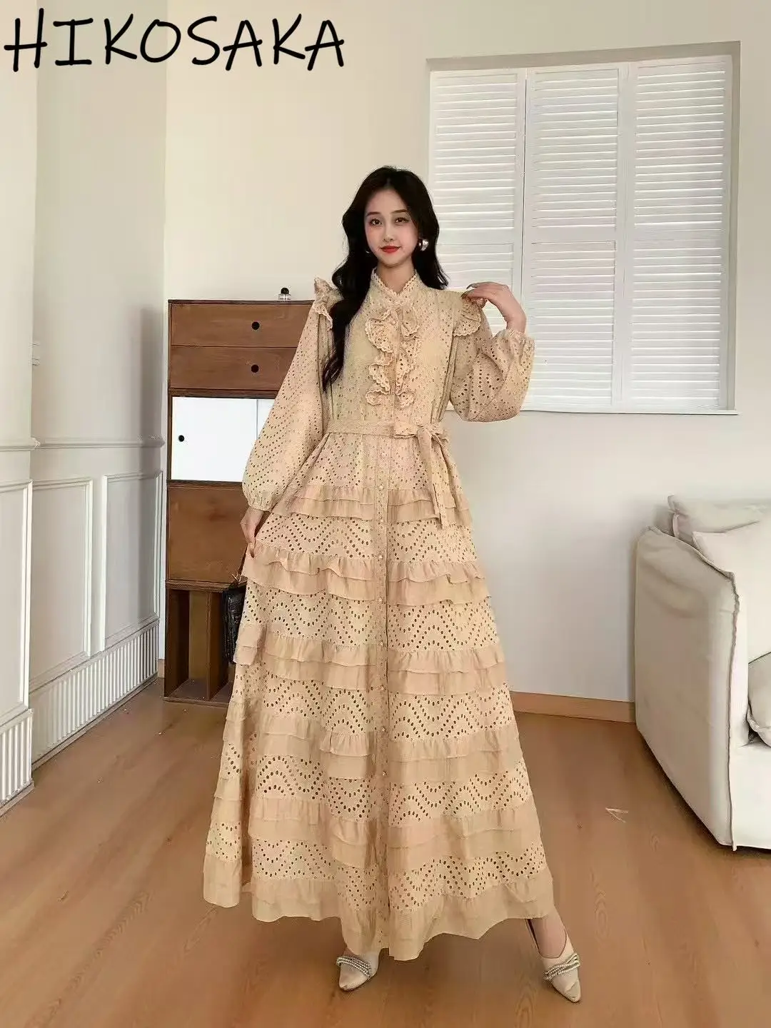 

Fashion Vavation Style Patchwork Lace Dress For Women Ruffles Belt Slim Waist A-line Big Swing Robe Solid Casual Vestidos Mujer