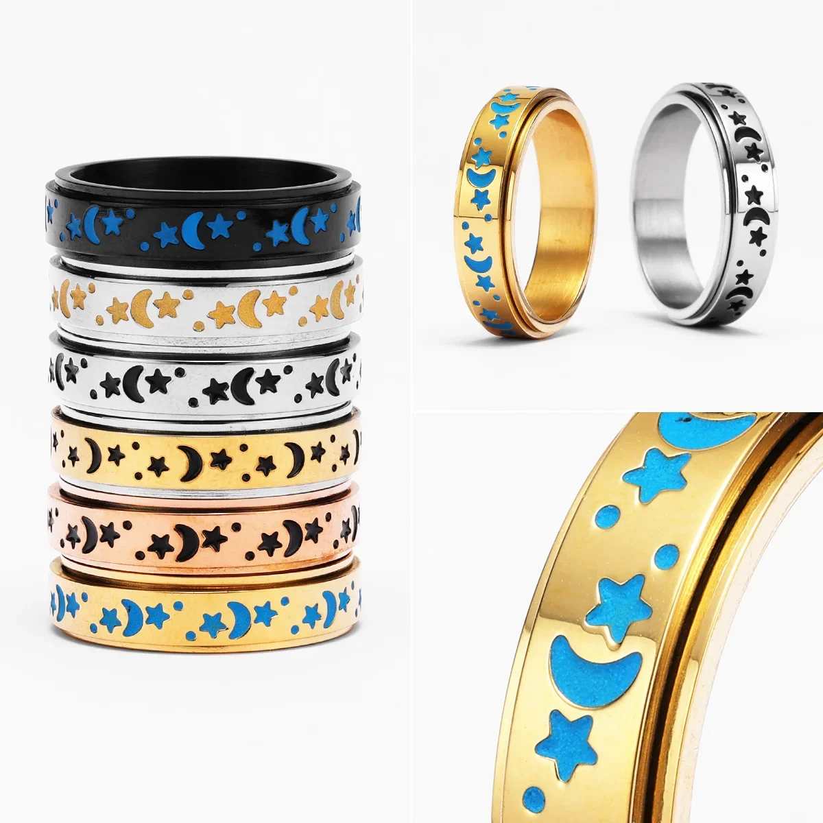 Starry Night Stars Moon Luminous Men Rings Stainless Steel Punk Luxury New In Women Jewelry Fashion Accessories Gift Wholesale