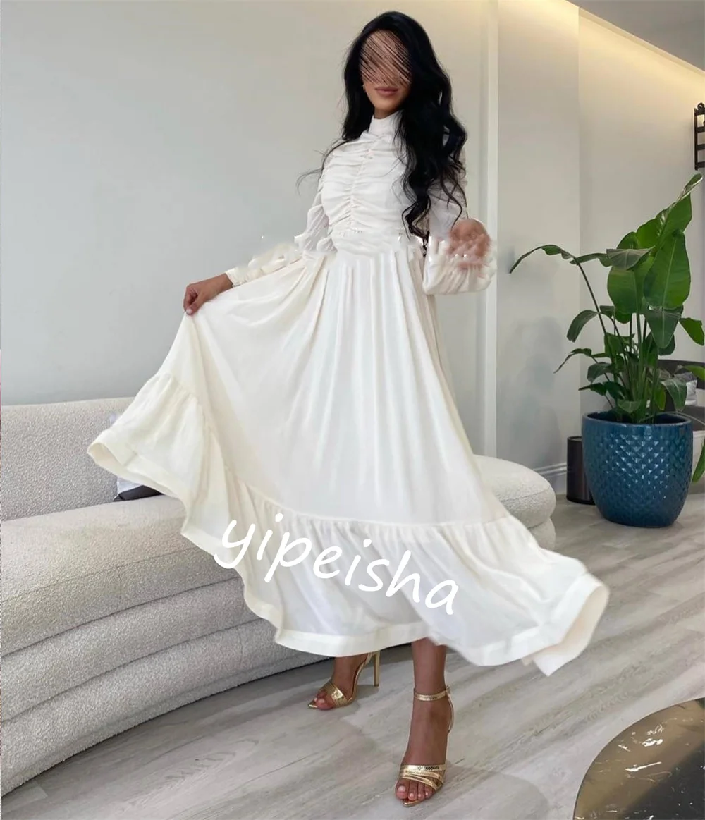 Customized  Chiffon Pleat Draped Graduation A-line High Collar Bespoke Occasion Gown Midi Dresses Saudi Arabia