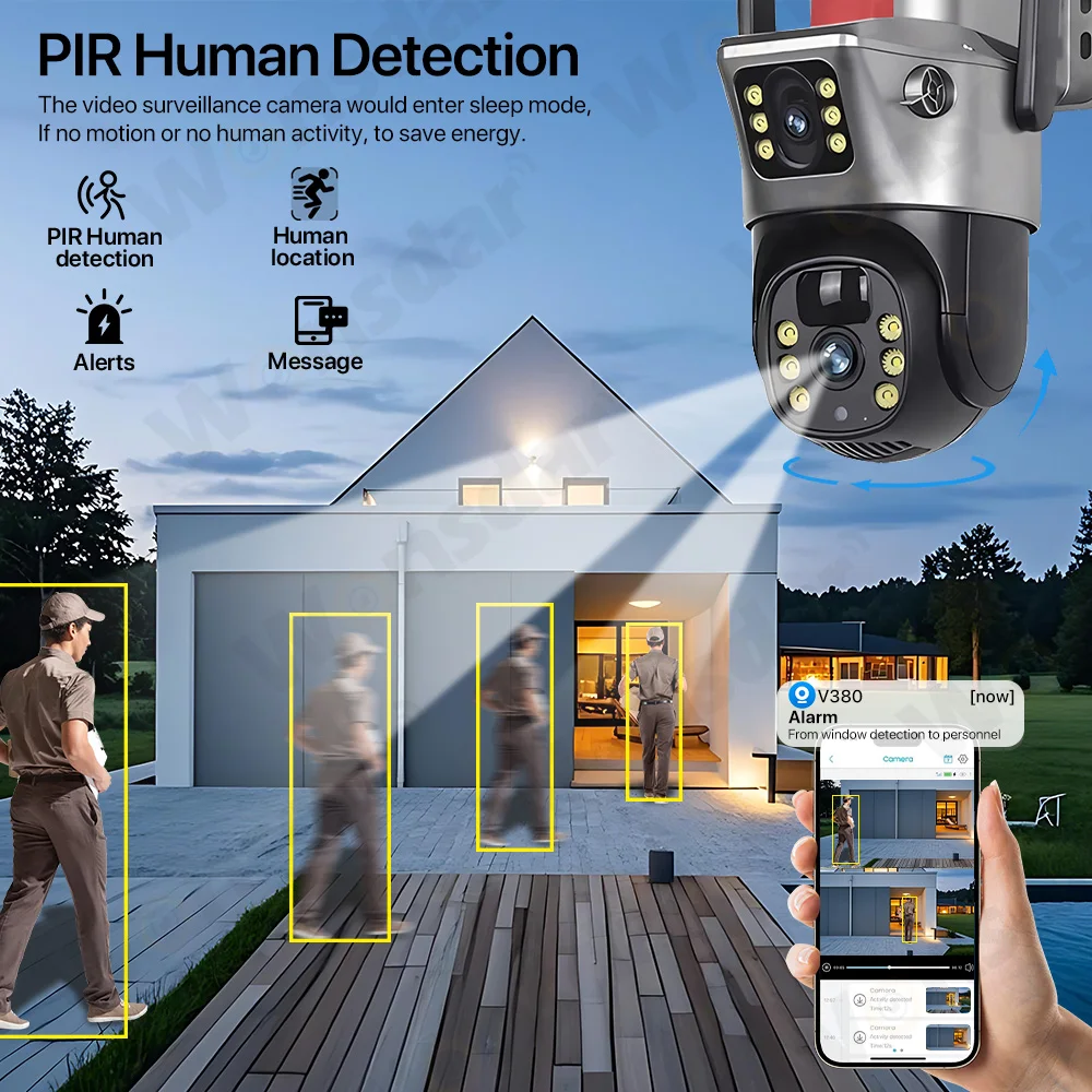 4G بطاقة SIM كاميرا تعمل بالطاقة الشمسية 8MP 4K HD عدسة مزدوجة IP66 مقاوم للماء كاميرا مراقبة أمنية خارجية بطارية عمر بطارية طويل V380
