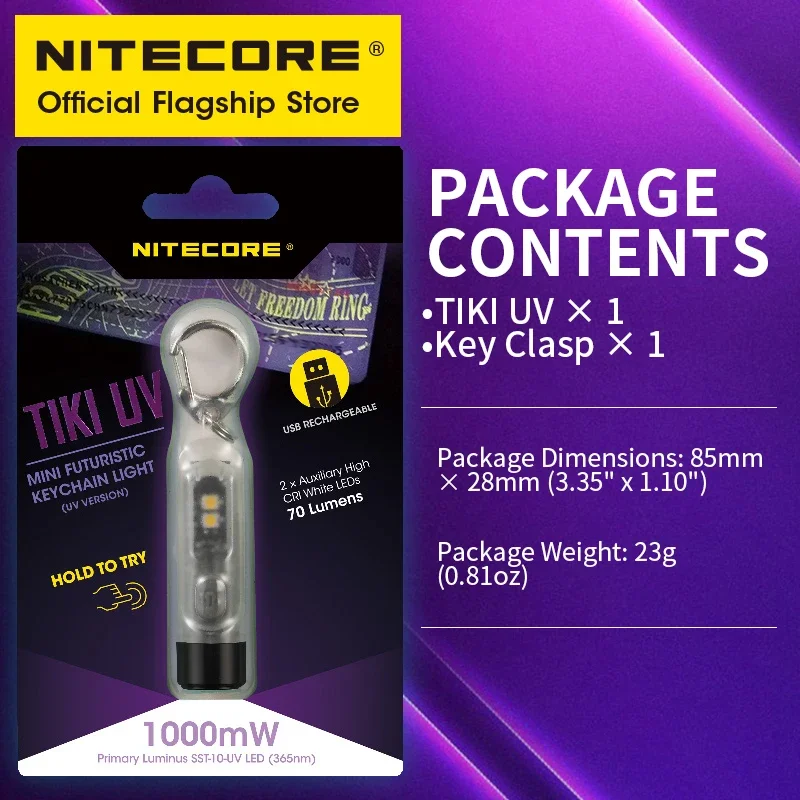 NITECORE TIKI UV Keychain Light 1000mw  With 2x Auxiliary High CRI White LEDs Rechargeable Mini UV Flashlight