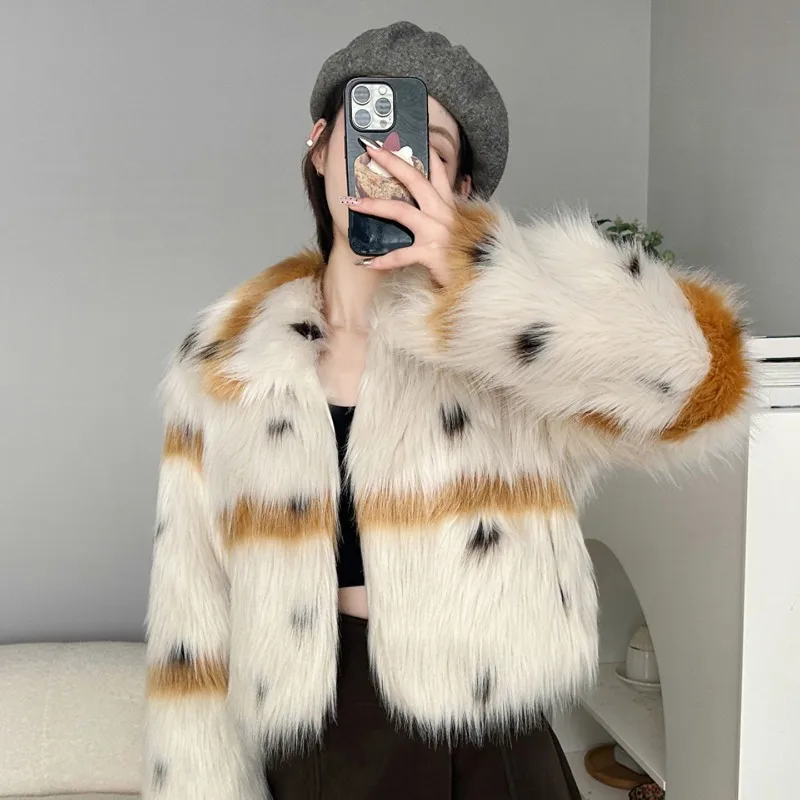 Jacket Coat Faux Fur Women's Winter Lynx Print Cropped Lapel Collar Flattering Silhouette Thickened New Casual Versatile Elegant