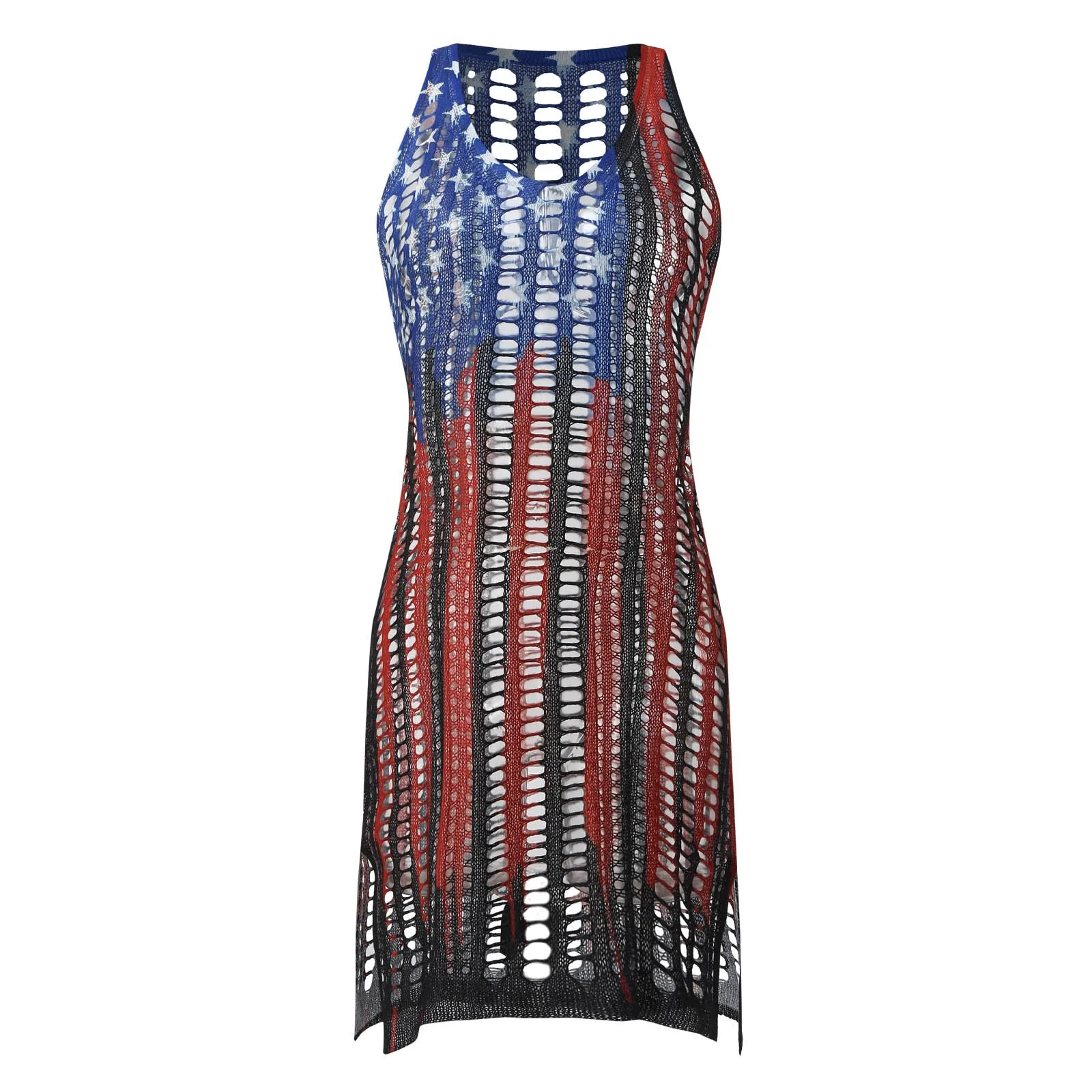 Independence Day Print Women Crochet Beach Bikinis Wrap Sexy Hollow Out Swimwear Cover Ups Summer Sleeveless Mini Dress Swimsuit