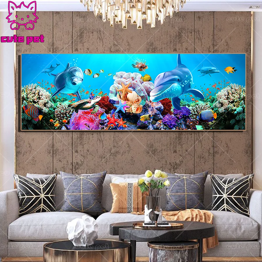 seabed world Full square diamond painting Dolphin fish coral embroidery starfish rhinestone mosaic inlaid pattern decor large