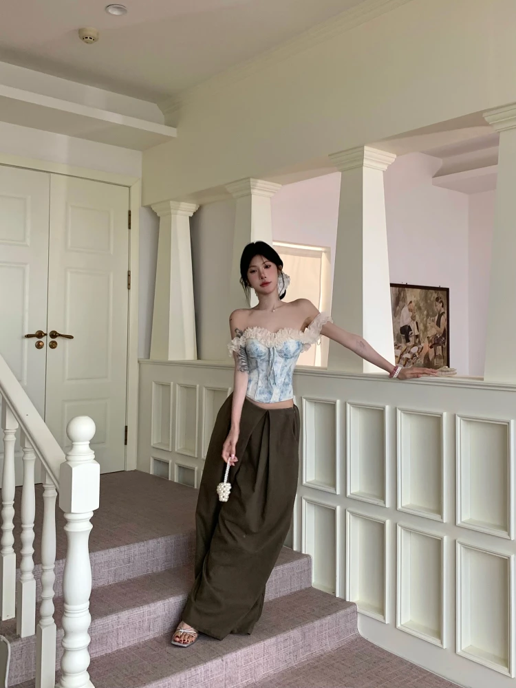 High Quality Hot Selling Wholesale High-end Camisole Vest Women 2025 Romantic Splicing Fishbone Corset Blue Strapless Top Y2k