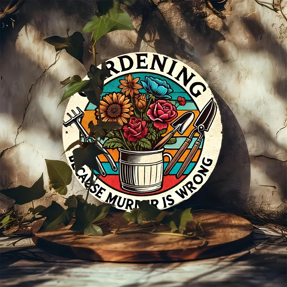 8x8 Inch Round Vintage Metal Sign - Humorous 'Gardening Because Murder Is Wrong' Wall Art Decor for Bedroom, Living Room & More