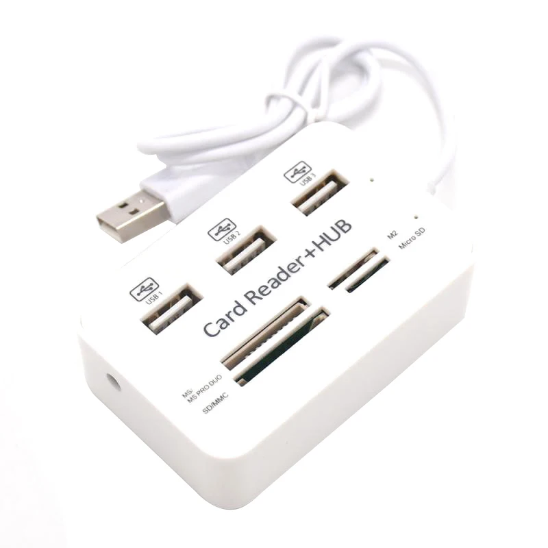 1 PCS 3 Port USB HUB 2.0 Splitter Combo Card Reader 7 In 1 Portable Support TF SD M2 SDHC Card Read Write