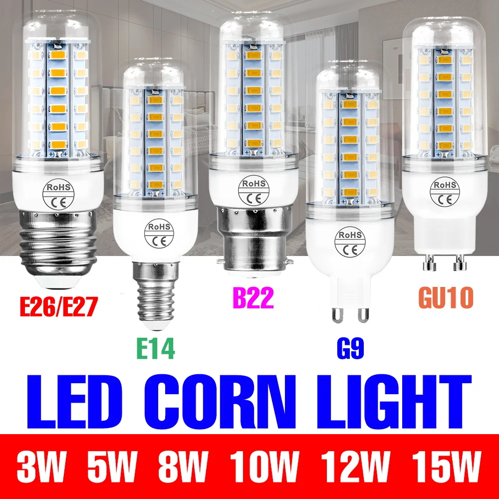 

15 Вт E27/E26 Светодиодная кукурузная лампа E14 Потолочный светильник GU10 Прожектор B22 Люстра G9 Балкон Домашний кабинет Офис Внутреннее освещение AC220V