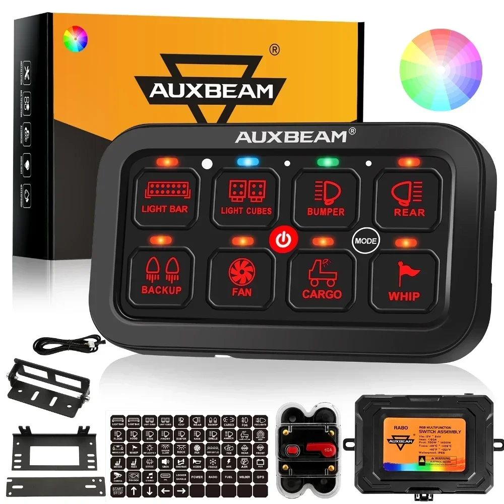 AUXBEAM 8 Gangs Lights Switch Panel On-Off Control Relays System RGB Backlight Electronic Relay System for Truck Caravan Boat