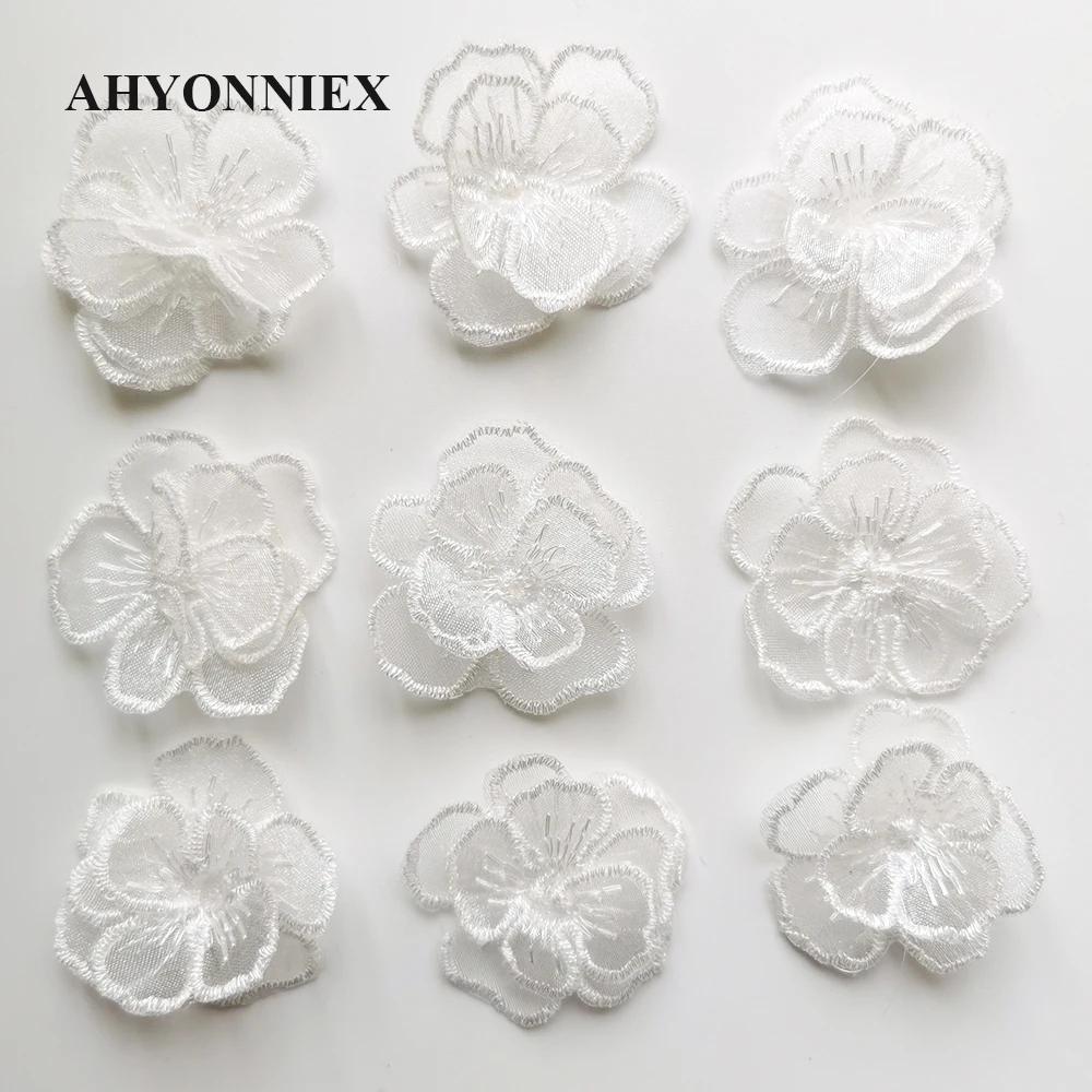 10pcs/Lot Sew On Lace Flower Patches White Sub Gold Organza Flower Appliques for Bridal Wedding Dress Clothes DIY Decoration